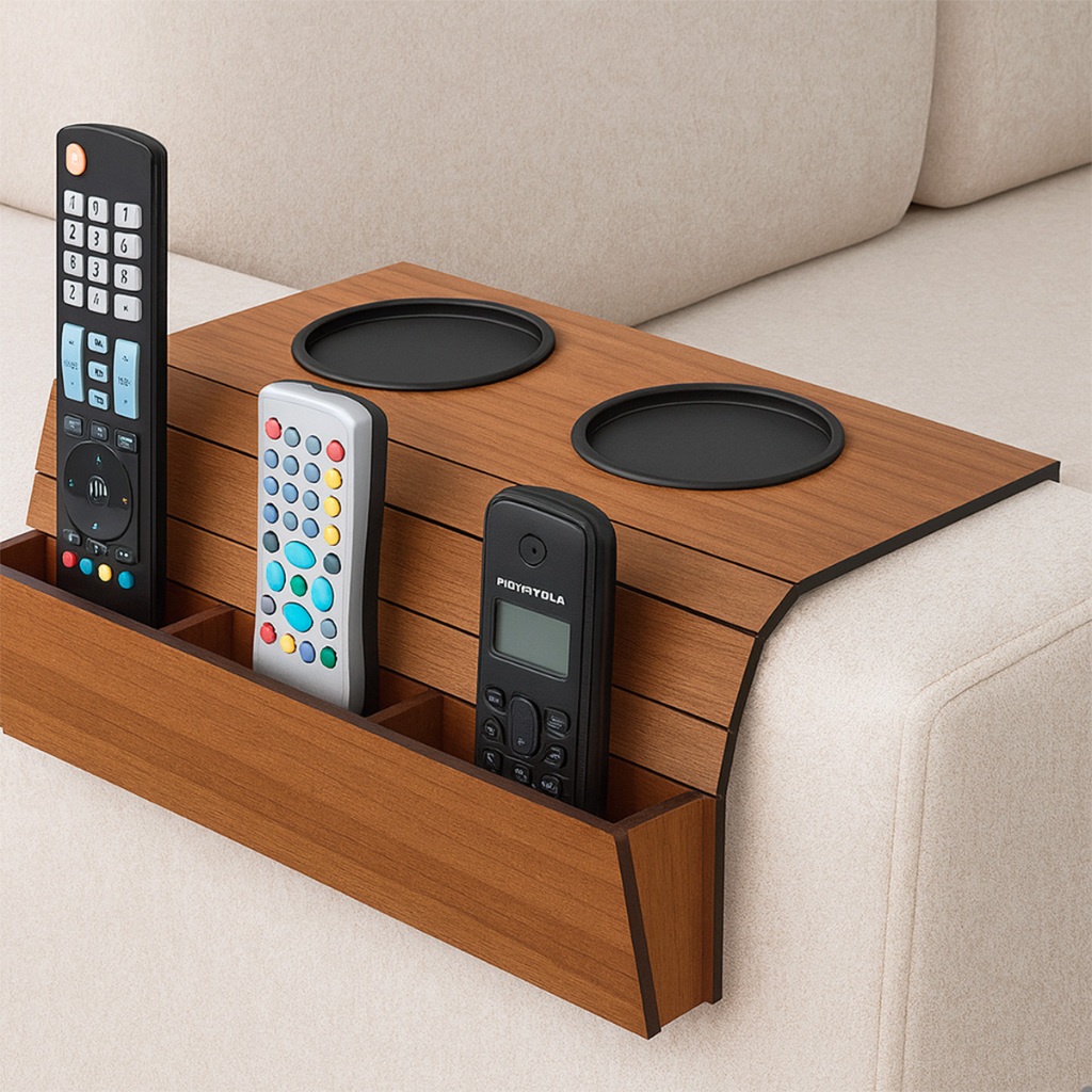 Esteira Sofa Com Porta Copos E Controle Remoto Organizador MDF Flexivel Apoio Braço Sofa Caramelo Luxo