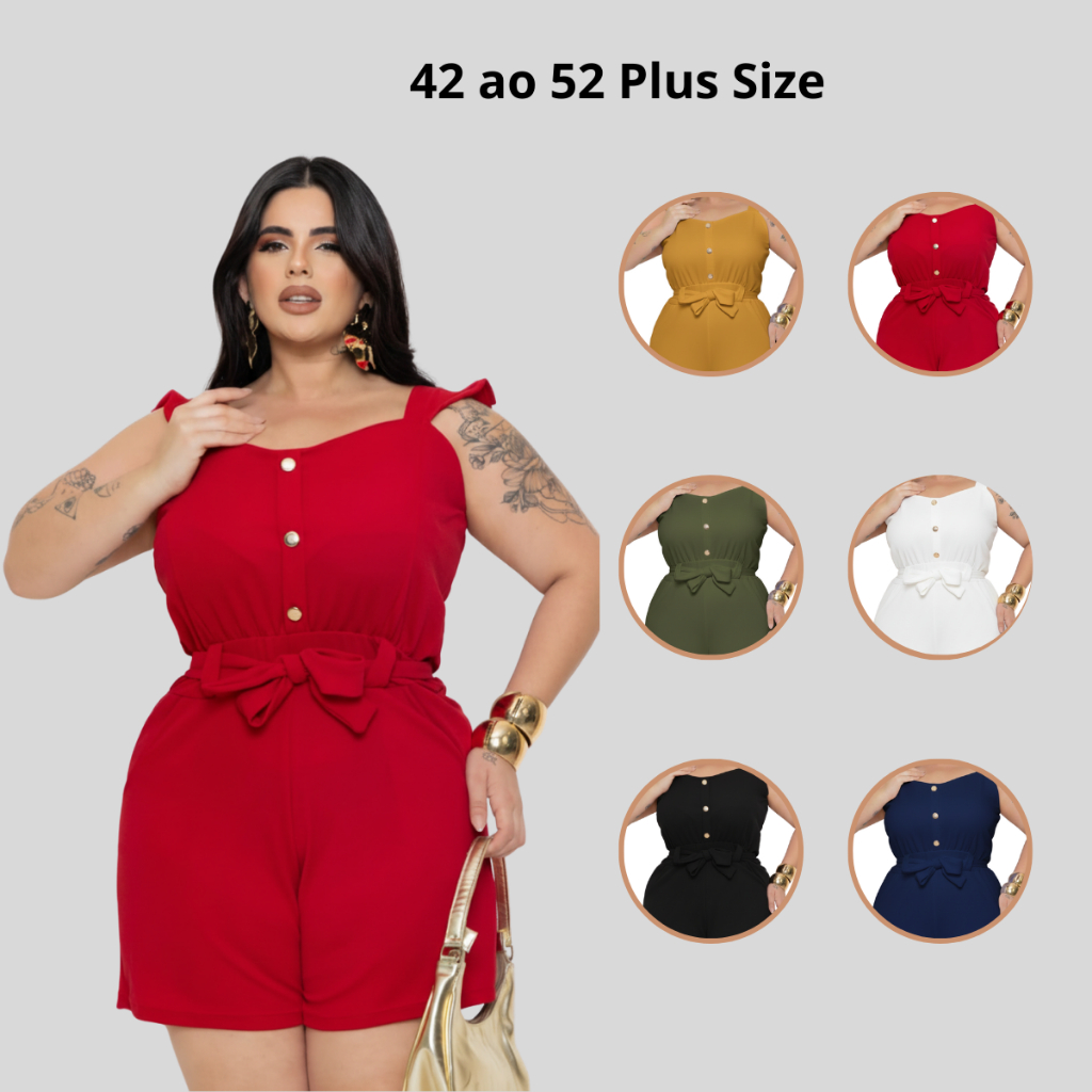 Macacão Curto Plus Size Feminino Soltinho Laço com Botões Macaquinho Verão Tendência Blogueira Moda Gringa em Oferta na Shopee