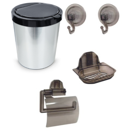 Kit Para Banheiro Fumê Daivak - Porta Papel Com Tampa + Saboneteira Star + 2 Ganchos + Lixeira 10L Prateada