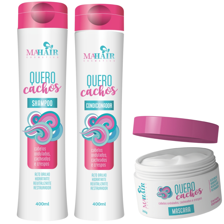 Kit Capilar Shampoo Condicionador e Máscara Capilar Quero Cachos Mahair Ativador de Cachos Promoção!