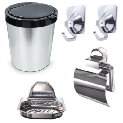 Kit Completo Banheiro Cromado Daivak - Porta-Papel Com Tampa, Saboneteira Star, 2 Ganchos e Lixeira 10L