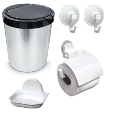 Kit Banheiro Branco Daivak - 1 Porta Papel Com Tampa, 1 Saboneteira Star, 2 Ganchos e Lixeira 10L Prateada.