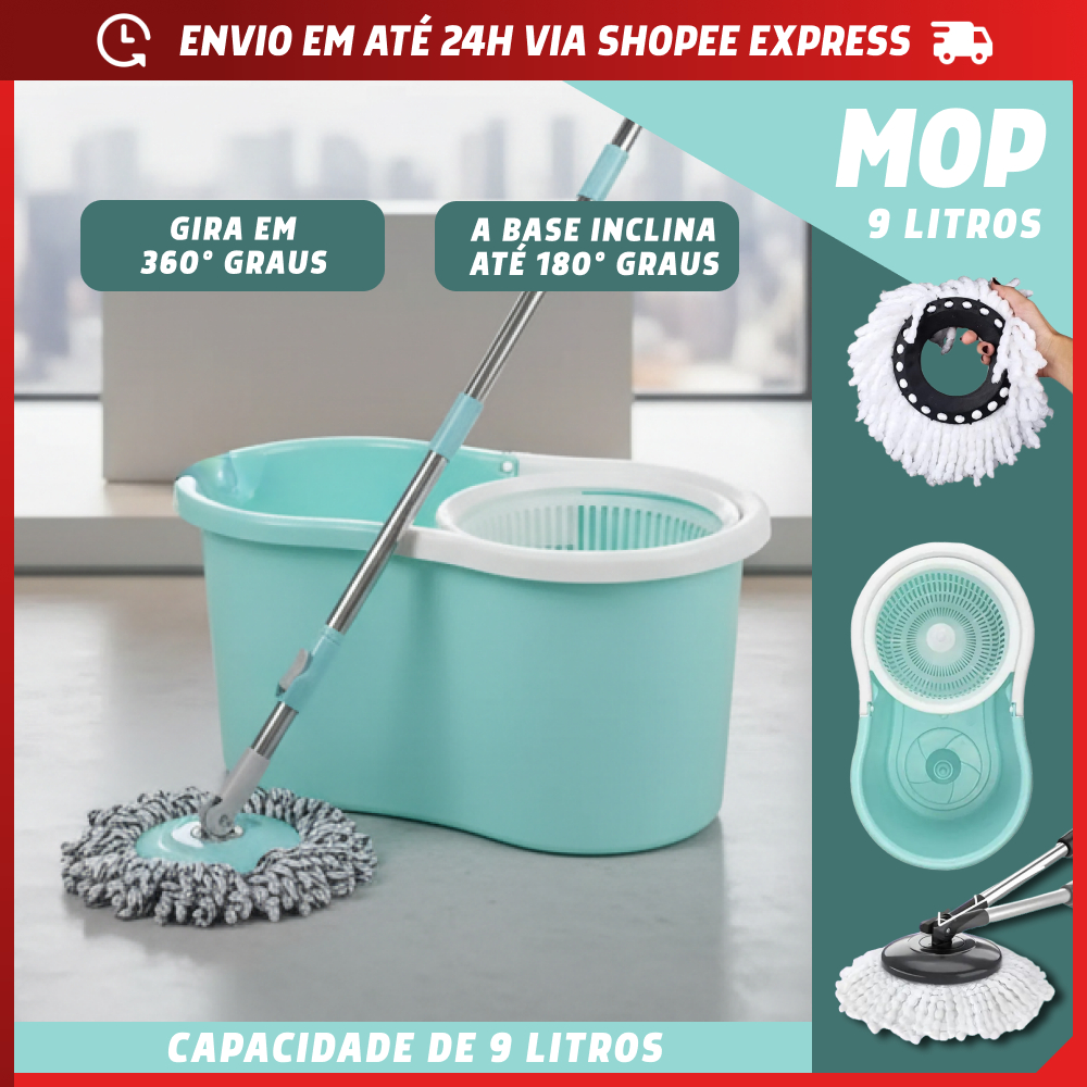 Mop 9 Litros Cesto Com Cabo de 120 cm Base Girátoria de 360º Balde Centrífuga Refil Sala Cozinha em Oferta na Shopee