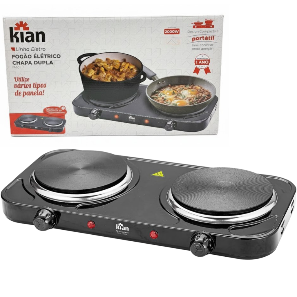 Fogão Elétrico Cooktop Kian Portátil 2 Bocas 127V FG-101 Preto