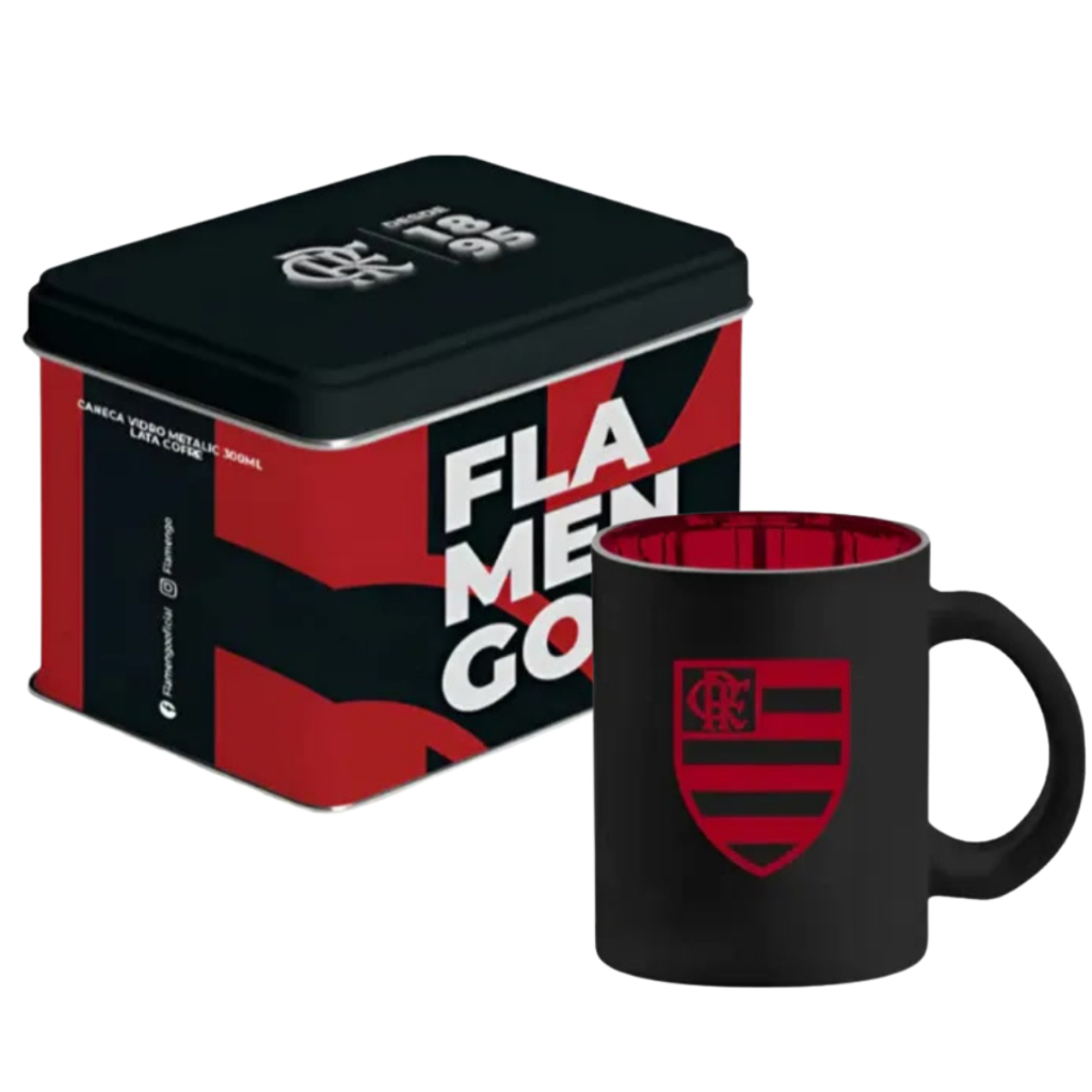 Caneca Flamengo OFICIAL Brasfoot | Kit Presente na Lata Decorada | Vidro Diamond Metallic Rubro-Negro em Oferta na Shopee