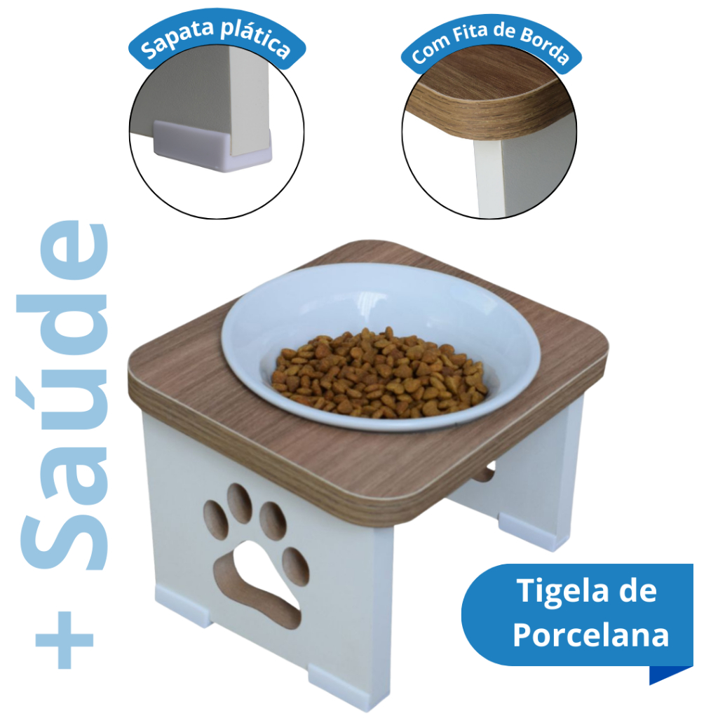 Comedouro Cachorro Ergonômico Sustentável Elevado Para Pet MDF - Tigela Inox Porcelana em Oferta na Shopee