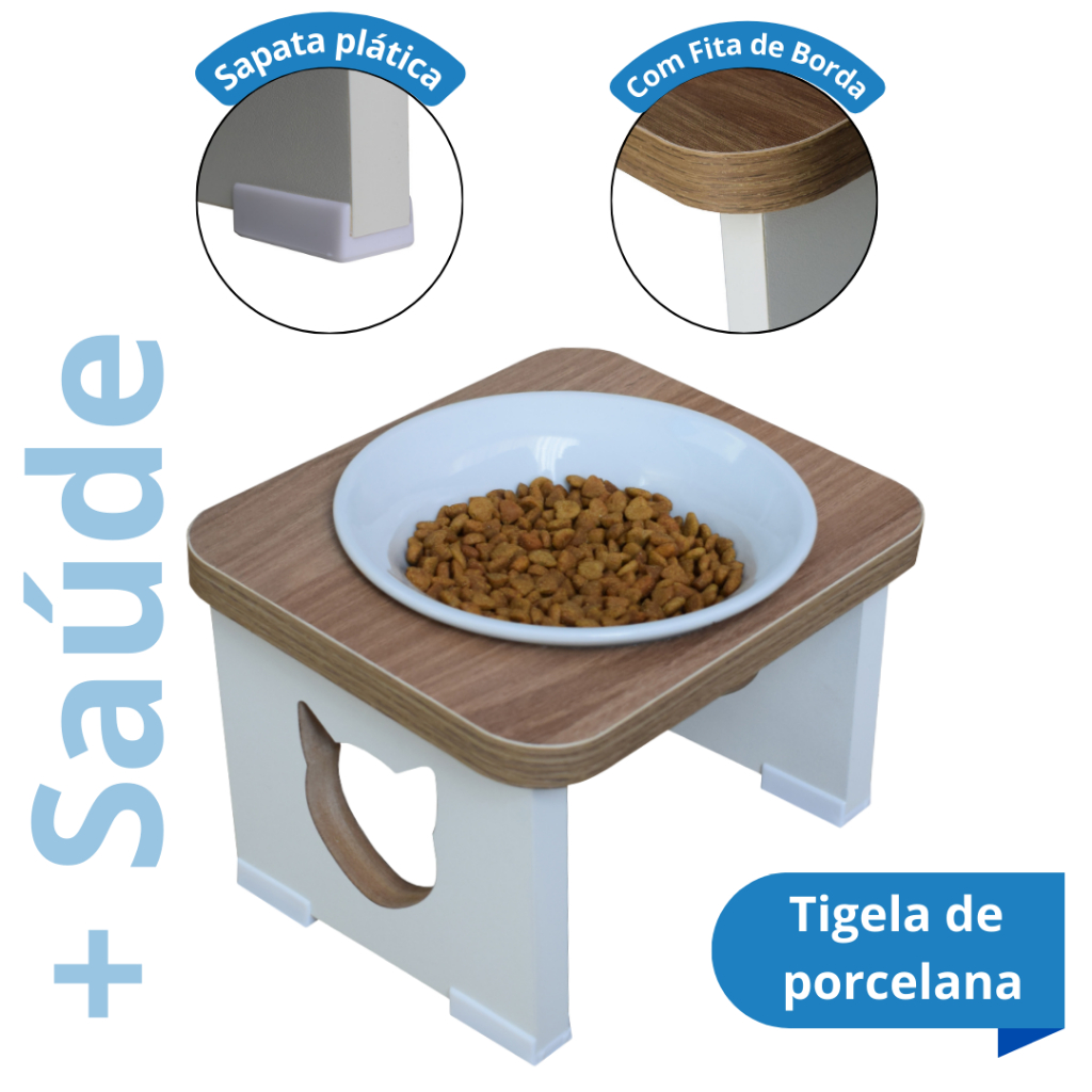 Comedouro Gato Elevado Sustentável - Ergonômico MDF Tigela Inox/Porcelana em Oferta na Shopee
