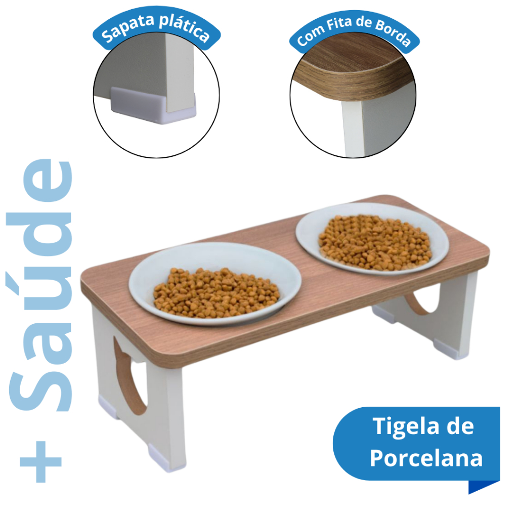 Comedouro Gato Elevado Duplo Ergonômico MDF - Ração e Água Premium Sustentável em Oferta na Shopee