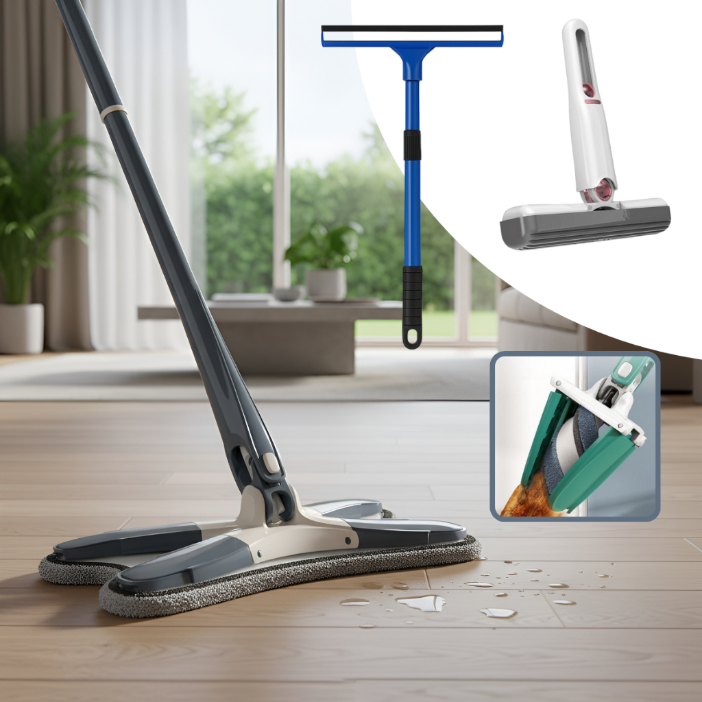 Mop Giratório Limpeza Chão Vidros Teto Multiuso + Limpa Vidros Sacada + Mini Mop