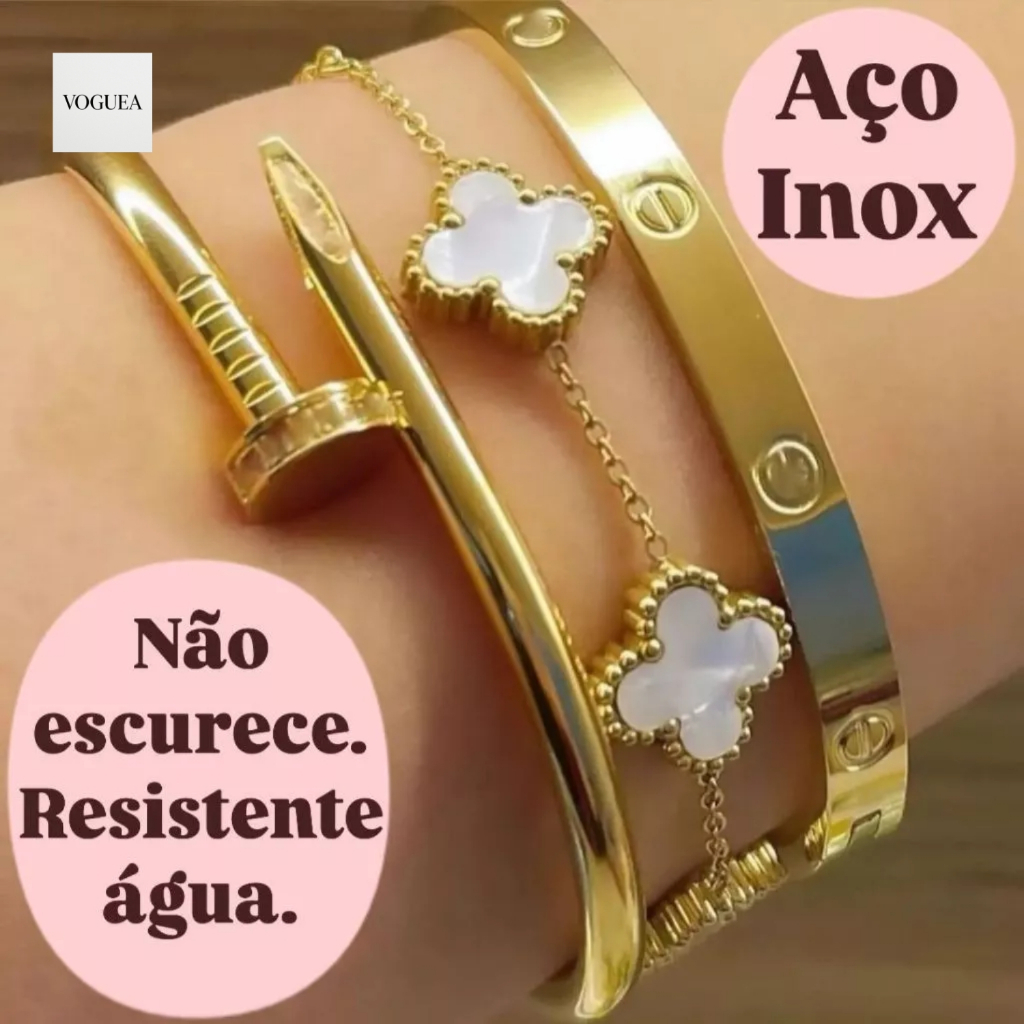 Conjunto 2 Braceletes Aço inoxidável Dourado Prata Acessórios Femininos Virginiaa Moda Kit Pulseira