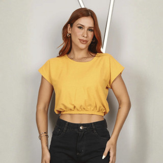 Blusa Feminina Malha Soltinha Cropped Elástico Casual  Manga Curta Evangélica Elegante Camiseta