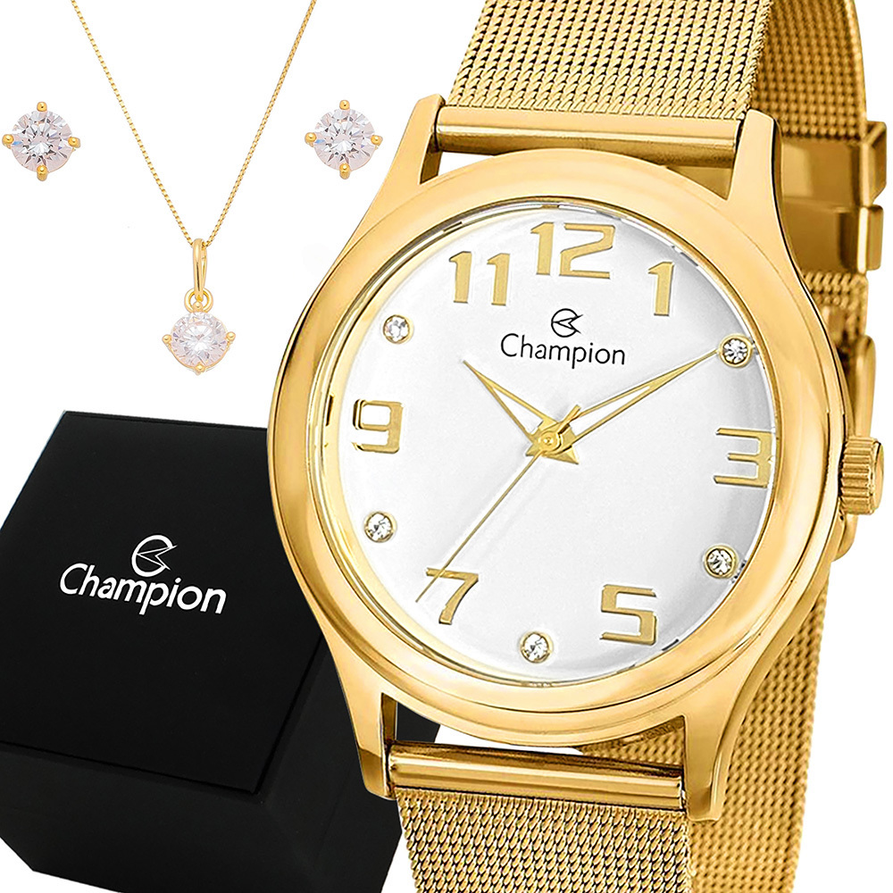 Relógio Feminino Champion Dourado Ouro Prova d'água com 1 ano de garantia e colar e brincos em Oferta na Shopee