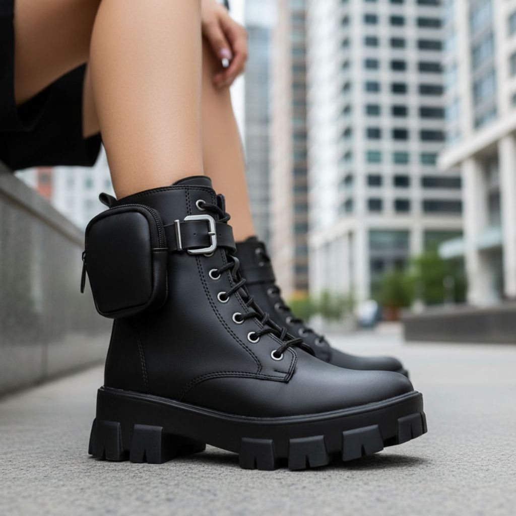 Bota Coturno Feminina Tratorada com Plataforma Estilo Militar Confortável Moderna Bolsinha Removível