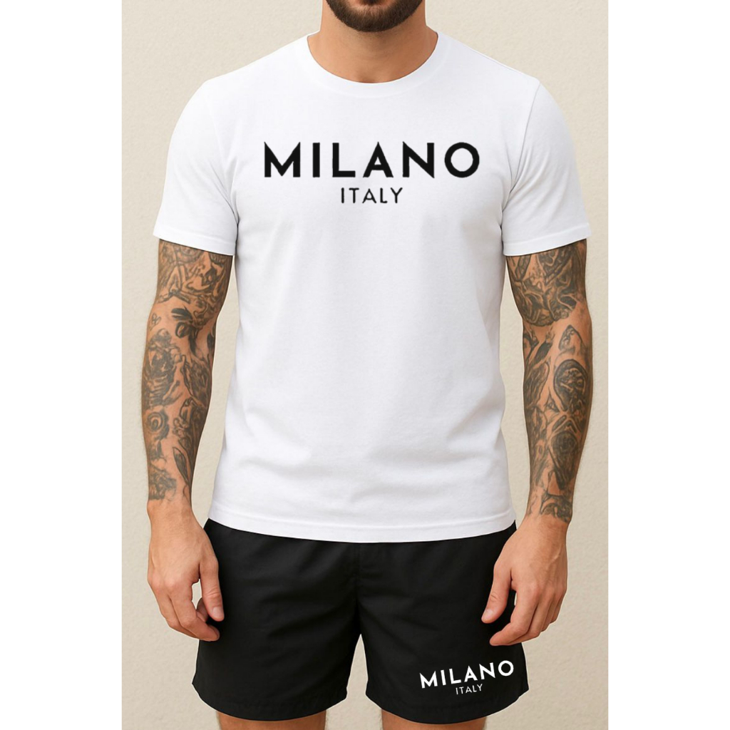 Kit Camiseta e Short Tactel Bermuda Conjunto Camisa Casual Confortavel Dia Dia Lazer Praia Estampado Milano 100% Algodão