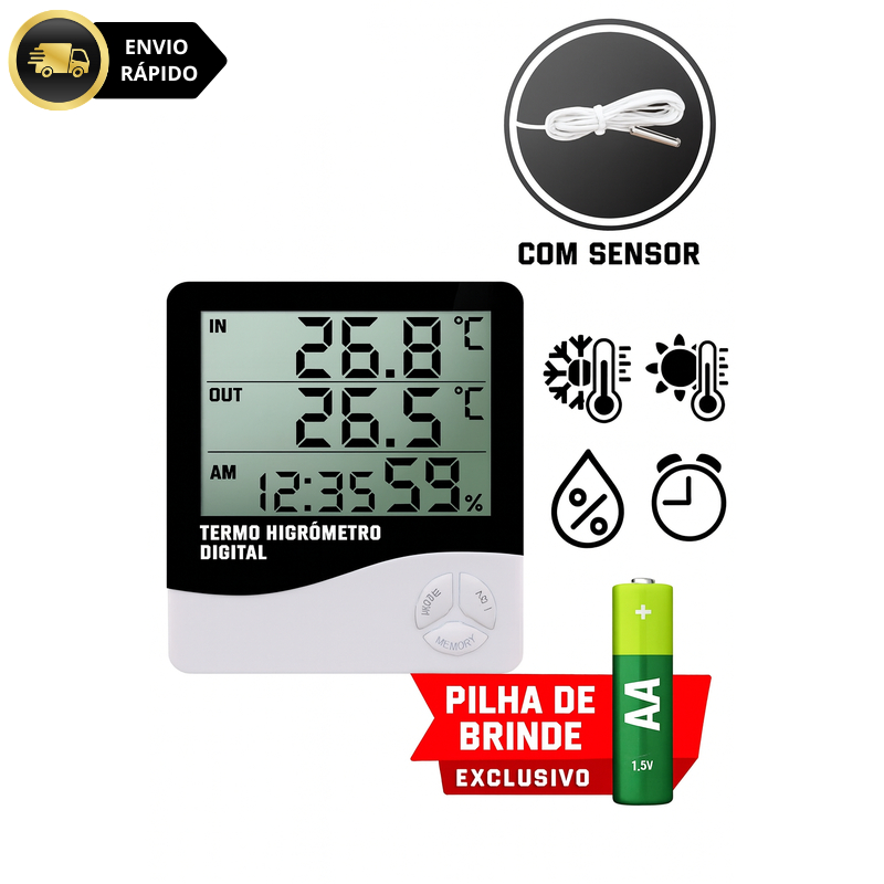 Termo Higrometro Digital com Maximo e Minimo Medidor de Temperatura e Umidade com Relógio e Alarme