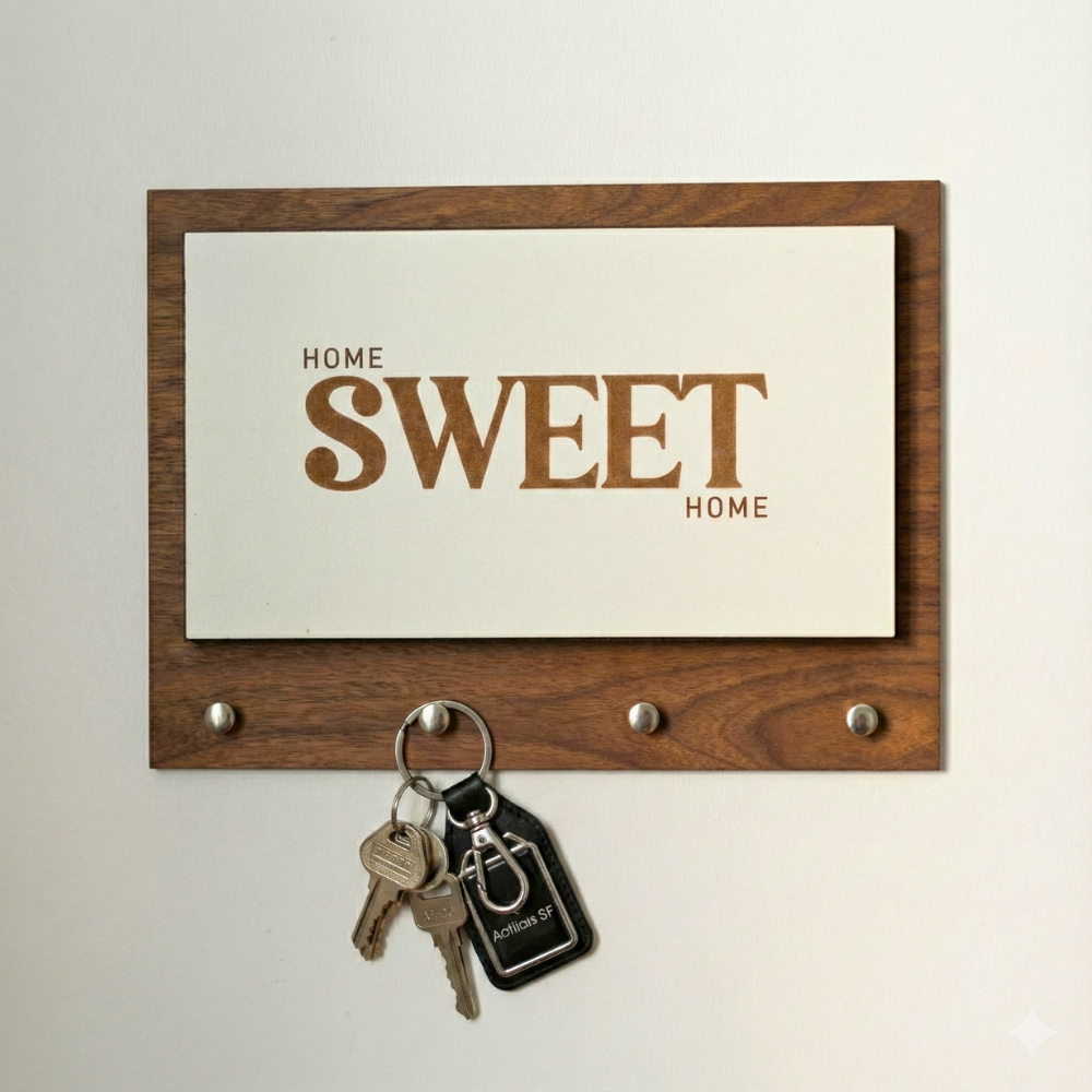 Porta Chaves em Mdf Amadeirado de Parede Decorativo Cachepot 4 Ganchos