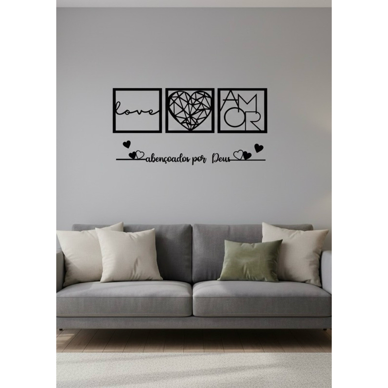 Kit 3 Quadros Cabeceira Amor Coração Geométrico + Frase Parede Abençoados Por Deus + 2 mini coração