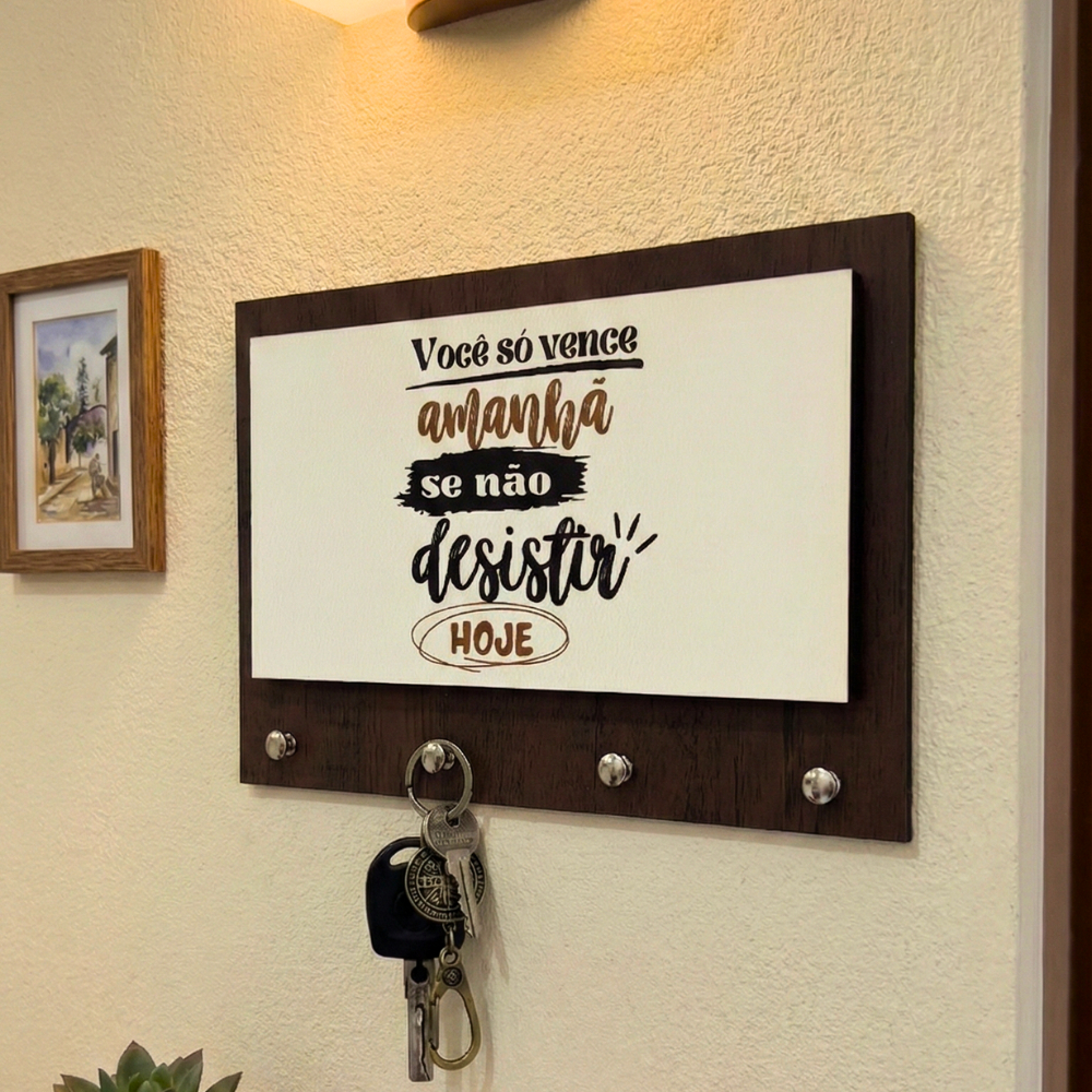 Porta Chaves Mdf de Parede Amadeirado com 4 Ganchos e Porta Cartas