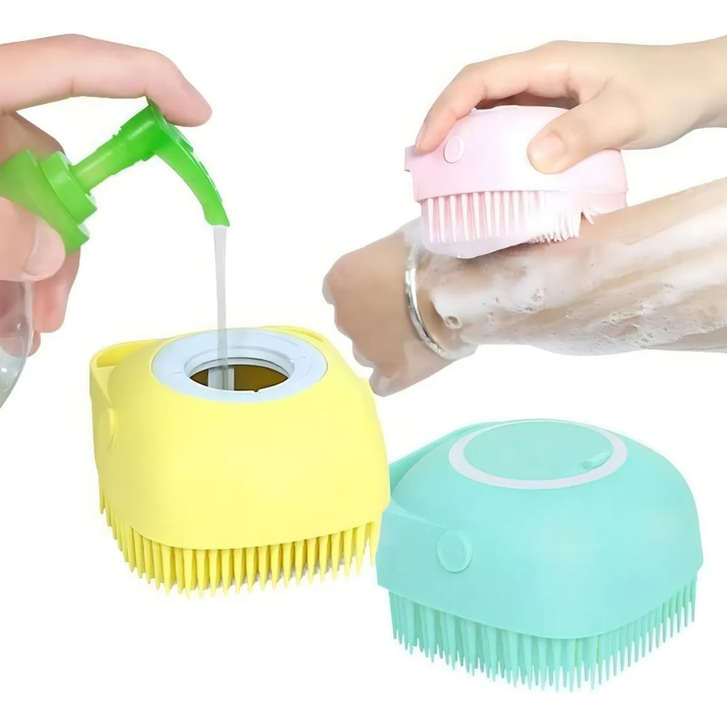 Escova Lava Pelo Esponja Banho Silicone Cães Cachorros Gatos Pet Dispenser Shampoo Cores Sortidas