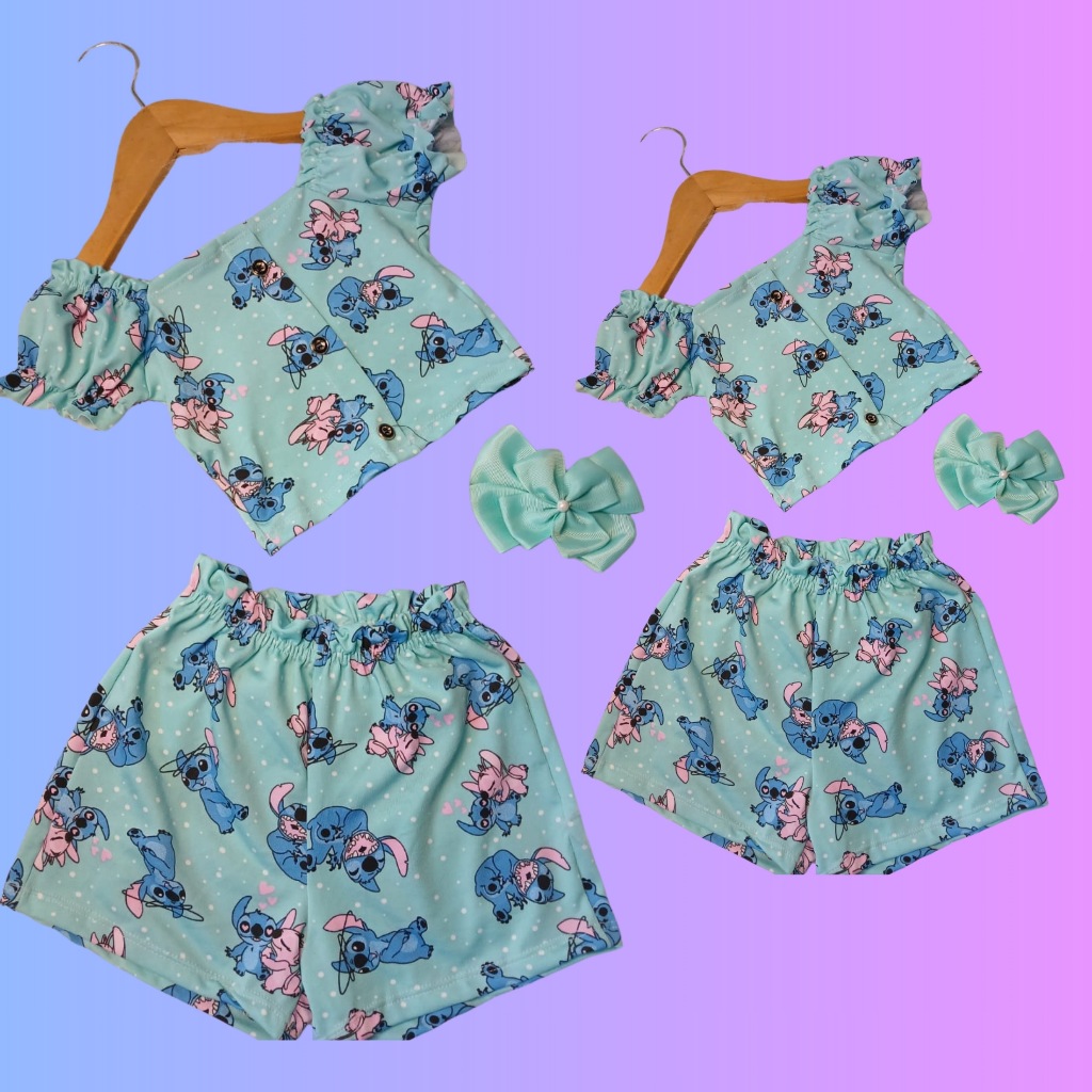 CONJUNTO CROPPED E SHORT INFANTIL - ESTAMPA STICH VARIEDADE DE CORES