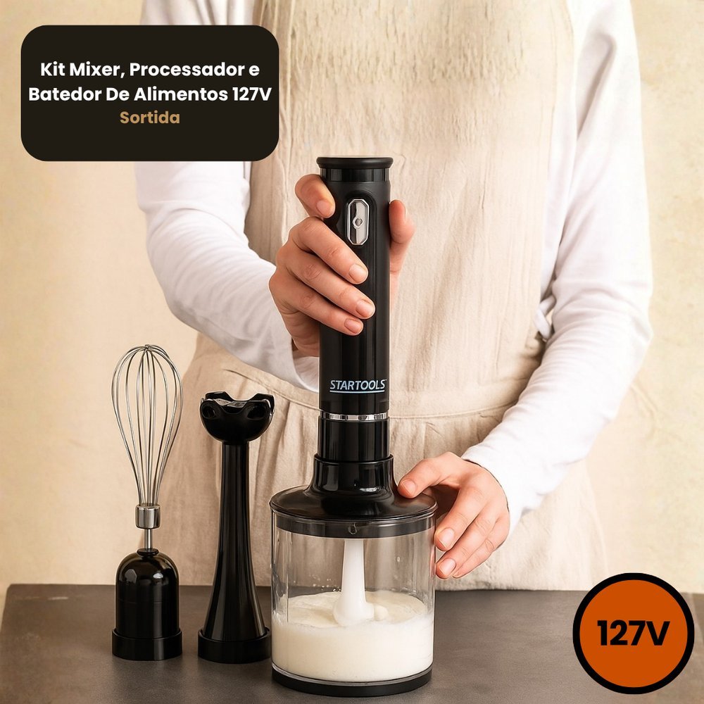 Kit Mixer, Processador e Batedor De Alimentos Batedor Processador Triturador Copo Medidor  3 Em 1 127V