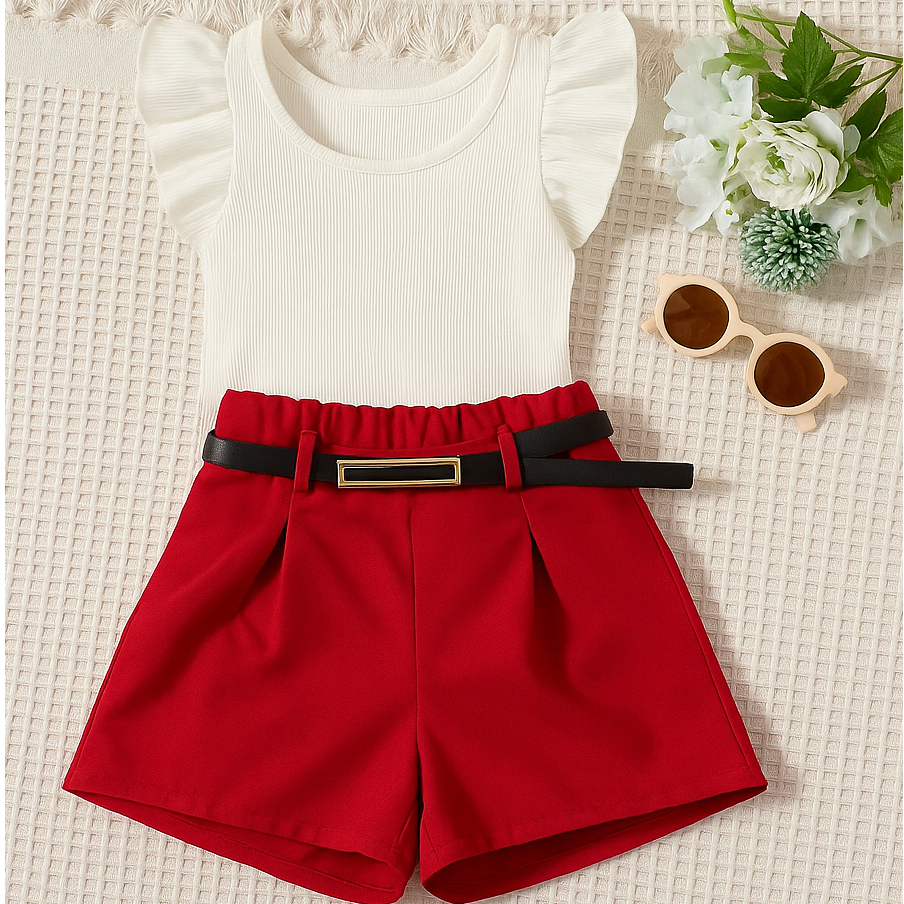 Conjunto infantil Blusa - short alfaiataria e cinto infantil menina / moda verão infantil menina em Oferta na Shopee