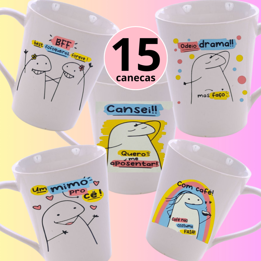 Kit 15 Canecas Personalizadas Meme Flork Bento Diversas Frases 300ml Presente
