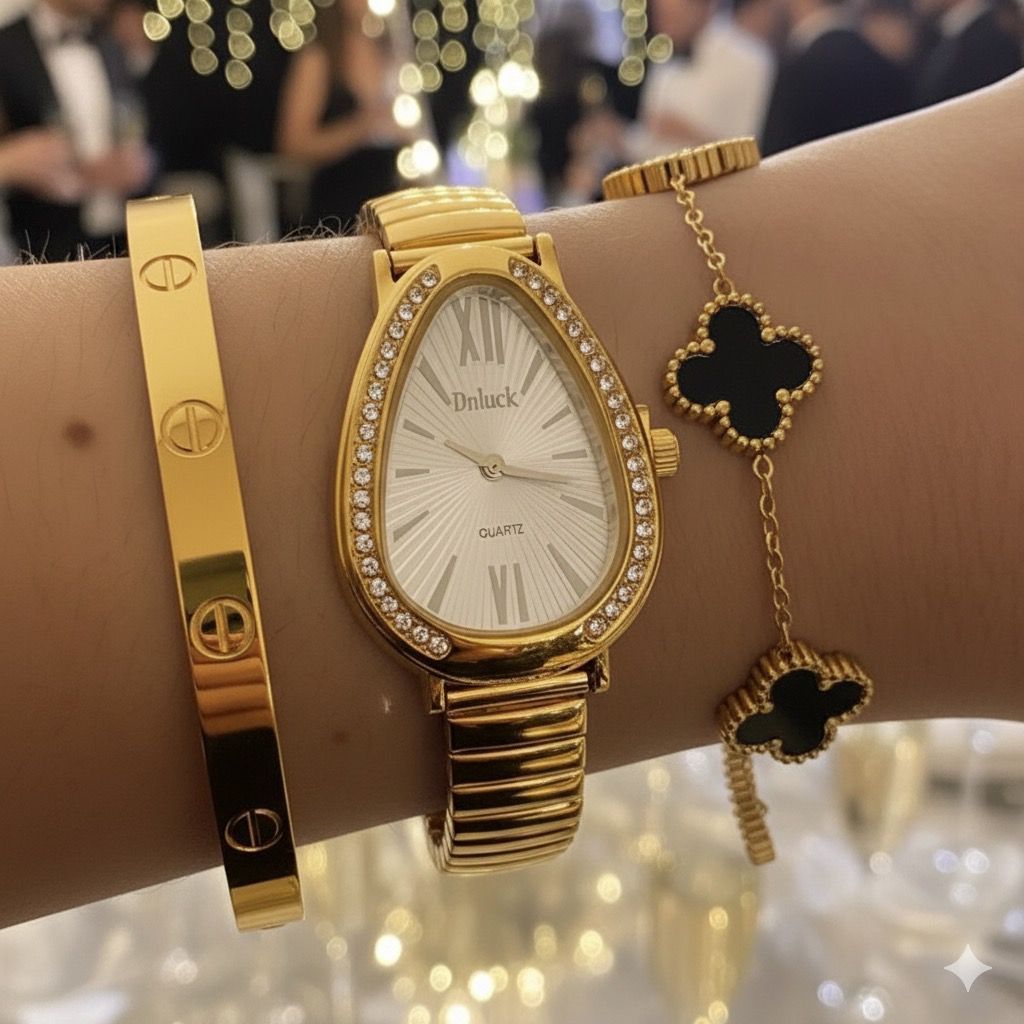 Kit Conjunto Relógio Feminino Dourado com Pulseira Pulseira Acessórios Femininos Relógio