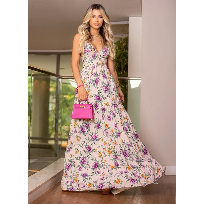 Vestido  Priscila Vestido Longo Florido • Decotado • Amarração nas Costas • Leve e Feminino