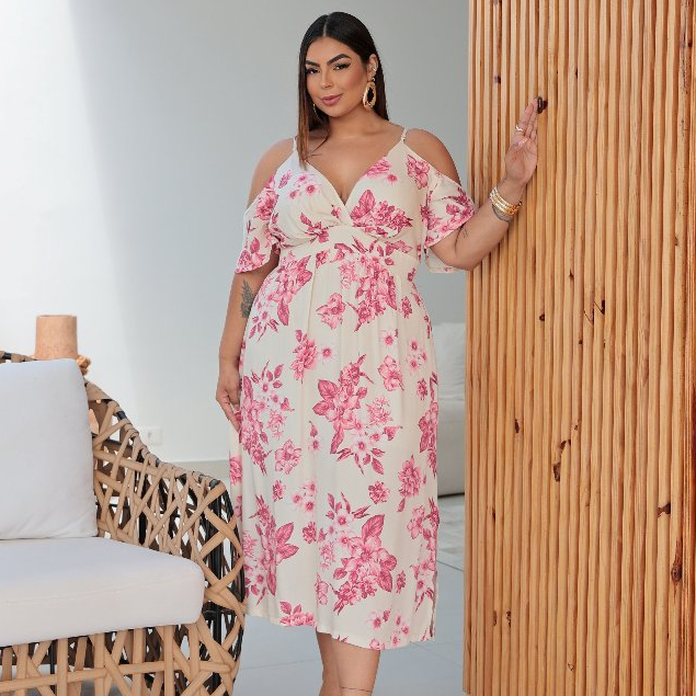 Vestido Mide Estampado Floral De Alça Plus Size