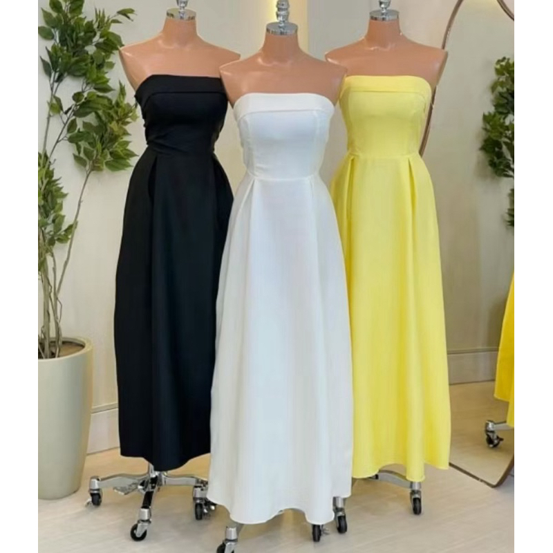 Vestido Longo Tomara que Caia Alfaiataria Amarração atrás Com Bojo