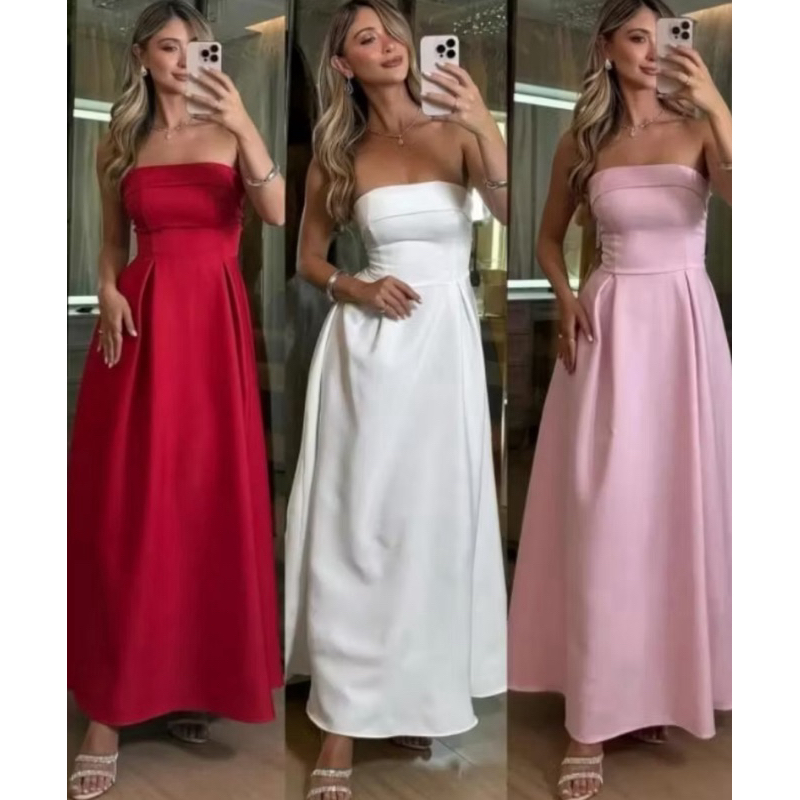 Vestido Longo Tomara que Caia Alfaiataria Amarração atrás Com Bojo