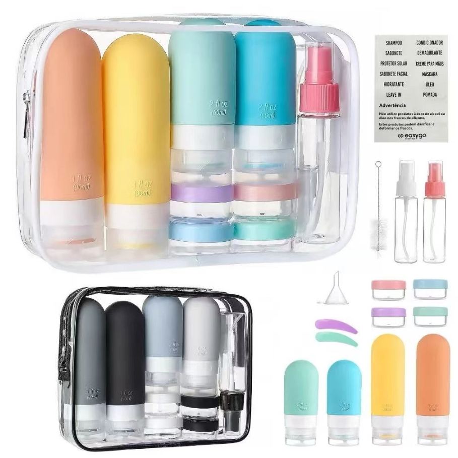 Kit Frascos Mala 14 Peças Viagem Organizador Cosmeticos Shampoo Creme Sabonete Em Silicone E Necessaire