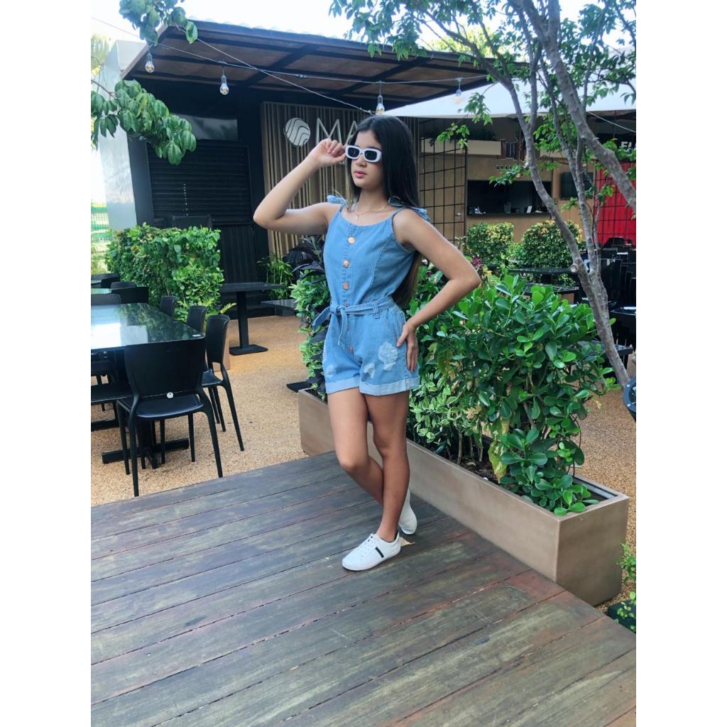 Macaquinho Jeans Feminino Juvenil Moda Verão – Alças Laço, Bolsos blogueirinha