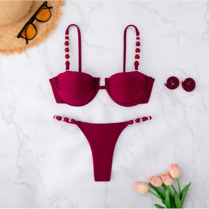 VEST Biquíni Premium com Bojo e Detalhes em Contas – Visual Único para Dias de Sol XX347 em Oferta na Shopee