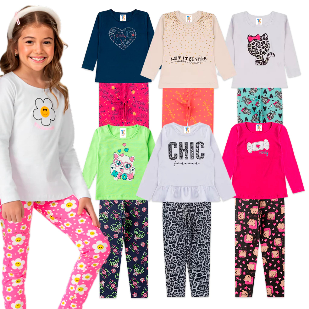 Kit Conjunto Roupa Infantil Meia Estação Menina até 5 Blusas + 5 Calças Legging em Algodão Juvenil