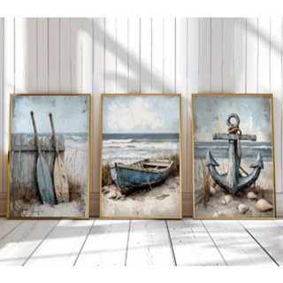 KIT 3 QUADROS DEOCRATIVOS PRAIA ANCORA CANOAS OCEANO AZUL MAR em Oferta na Shopee