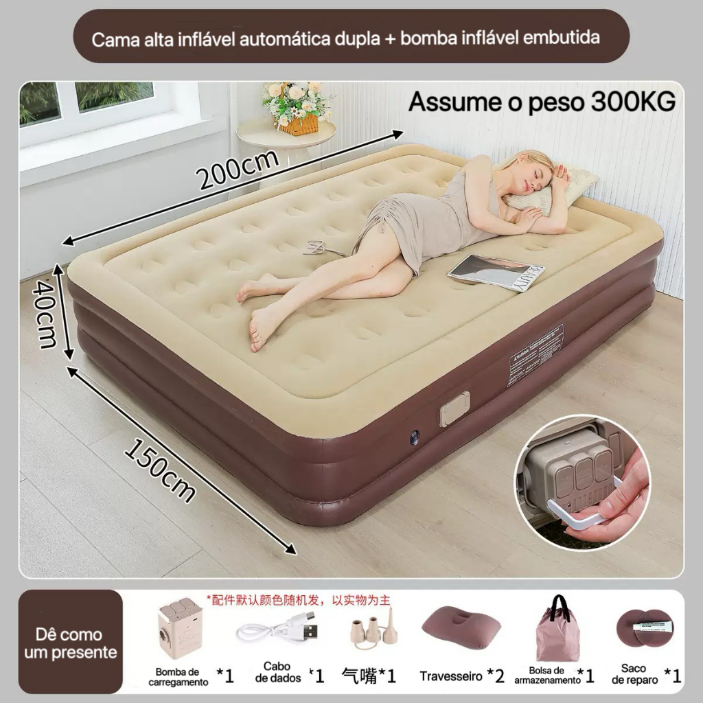 Colchão inflável queen size, cama de acampamento, bomba de ar (bateria de lítio embutida) com travesseiro em Oferta na Shopee