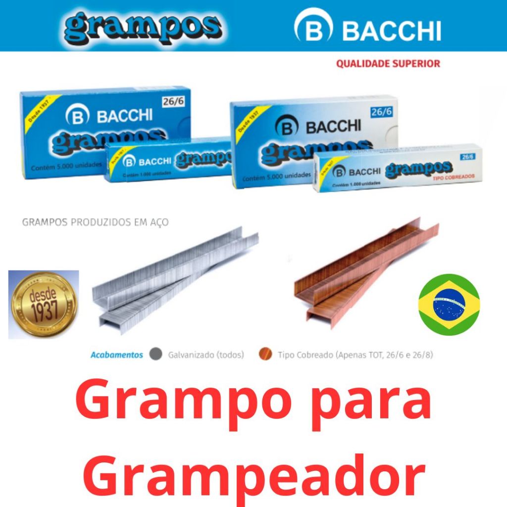 Grampo 26/6 Galvanizado ou Cobreado para Grampeador caixa c/1000 ou 5000 unidades  Bacchi