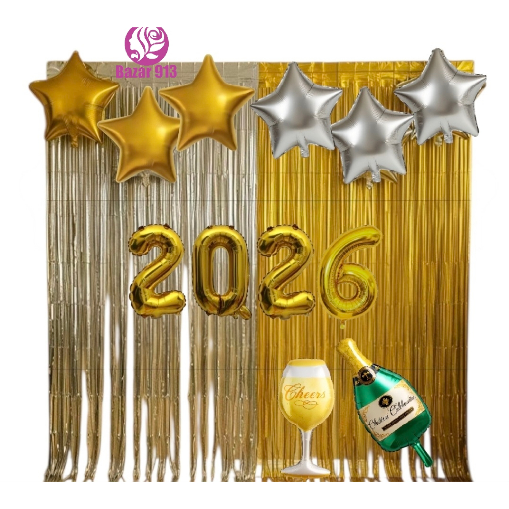 Kit Balão 2026 40cm + Taça e Champanhe+ 2 Cortinas Metalizadas Franja +6 Balão Estrelas Para Ano Novo