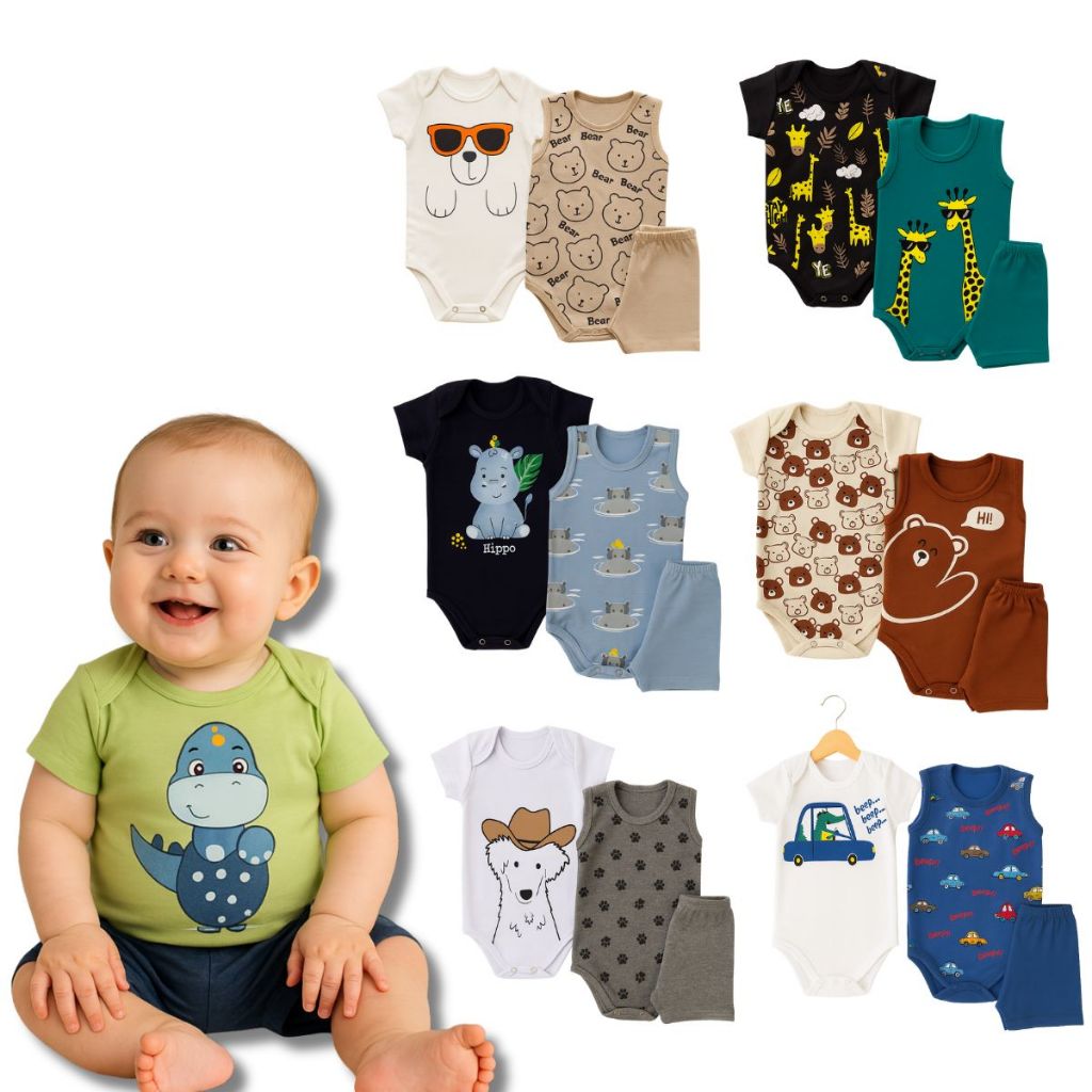 Kit 3 Peças Body Bebê Menino Verão Body Manga Curta Body Regata e Short Tamanho RN ao GG
