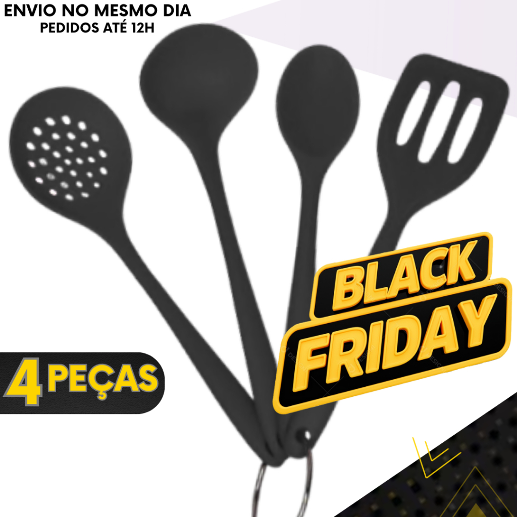 Kit 4 Utensílios de Silicone Cozinha Premium - Não Risca Panela Antiaderente e Resistente
