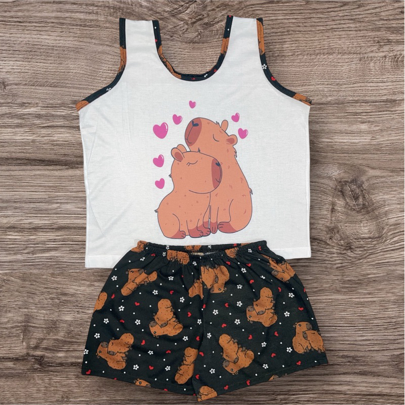 Pijama short doll infantil capivara baby doll feminino camiseta malha verão personagens