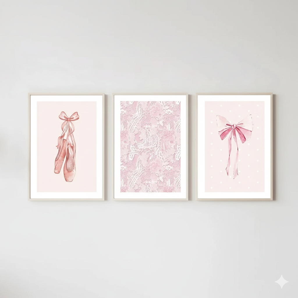 Quadros decorativos Pink Ballet Shoes para Sala de Estar Decor, Teddy Bear Bow Balloons (3 peças)