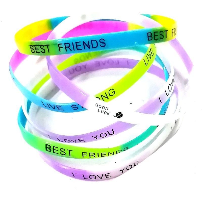 Pulseira de silicones com palavras motivacionais da amizade coloridas e sortidas / Kit com 18/36/72