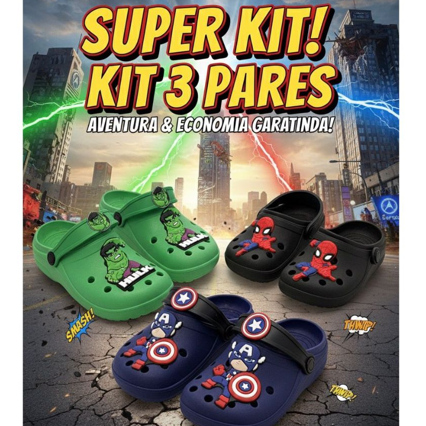 Super kit 3 pares de herois personagens meninos leve e confortavel