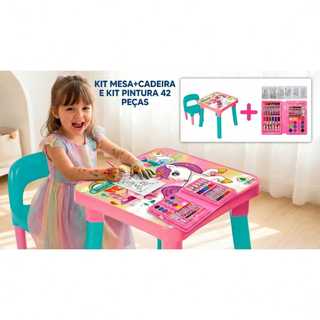 Kit Mesa + Cadeira Unicórnio Infantil com Kit Colorir 42 Peças – Desenho, Pintura e Atividades