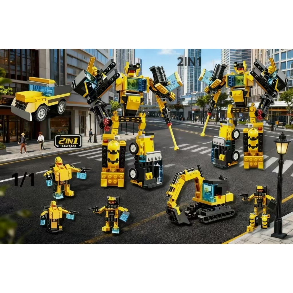 Blocos de Montar Mecha Engenharia 2 em 1 | Brinquedo Educativo para Crianças, Compatível com Lego, Veículo Cidade + Robô