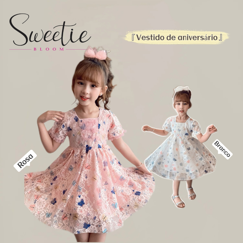 【SWEETIE BLOOM】Vestido infantil de princesa com renda de borboletas, em chiffon e algodão.