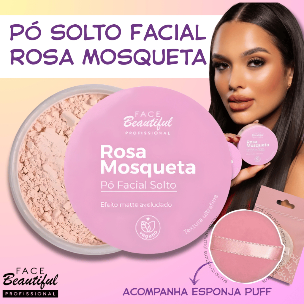 Pó Solto Facial Rosa Mosqueta com Esponja Puff Maquiagem Face Beautiful 10g em Oferta na Shopee